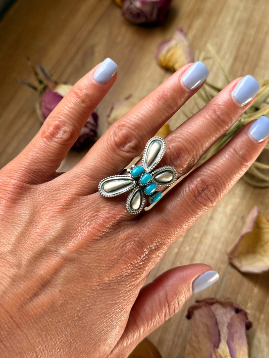 Sterling Silver Butterfly Ring with Kingman Turquoise – Adjustable