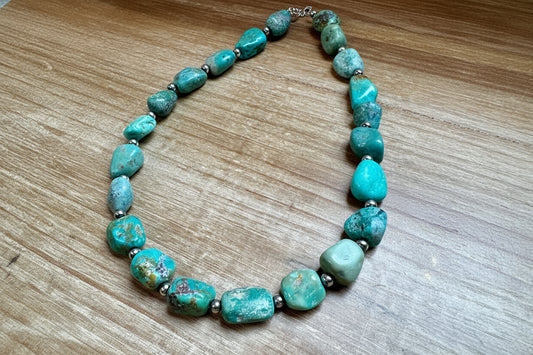 19-Inch Turquoise Nugget Necklace with 4mm Sterling Silver Pearls