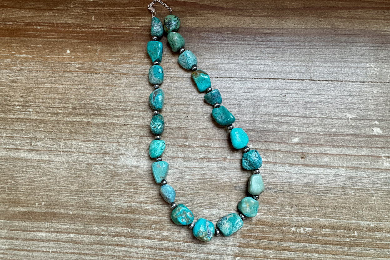 19-Inch Turquoise Nugget Necklace with 4mm Sterling Silver Pearls