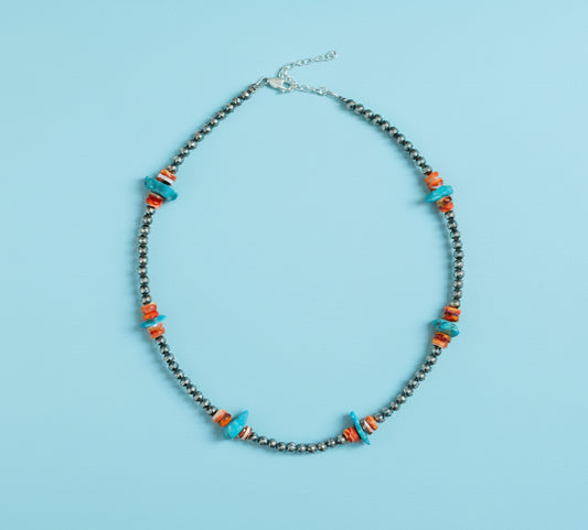 Sterling Silver Pearl Necklace with Orange Spiny Oyster & Sleeping Beauty Turquoise Chips – 14.5”