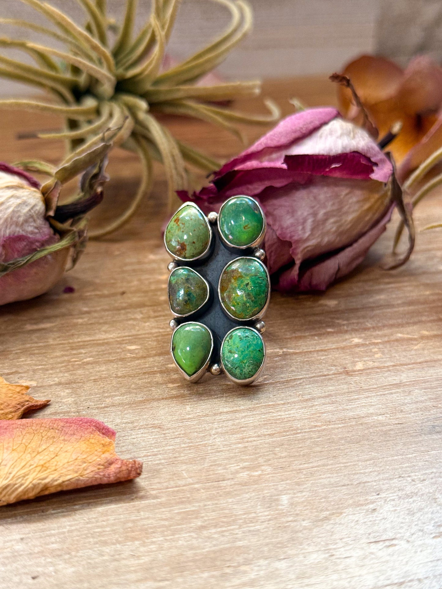 Green Turquoise Sterling Silver Cluster Ring – Size 6