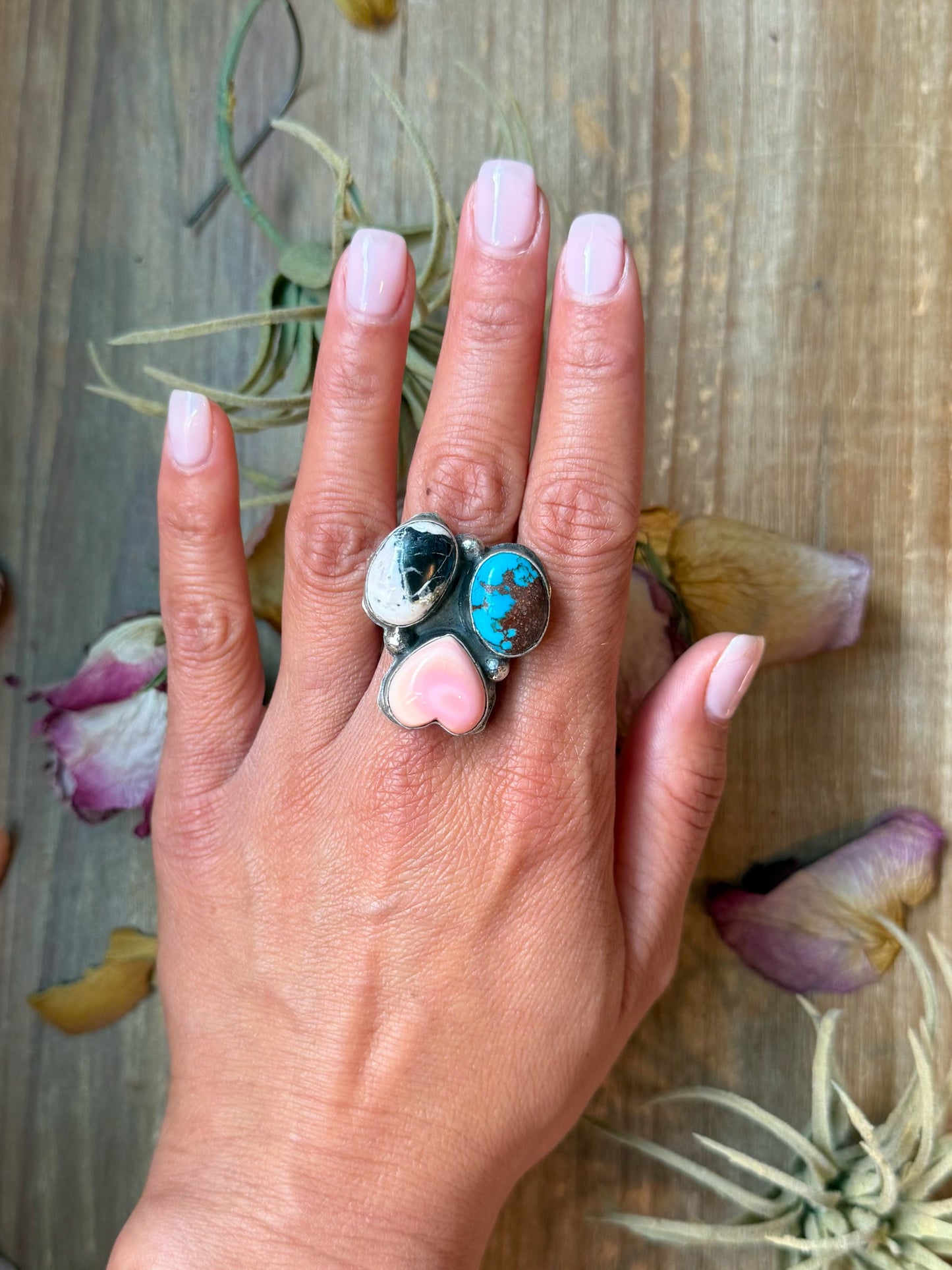 Pink Conch, Kingman Turquoise & White Buffalo Sterling Silver Ring – Adjustable (Size 9+)