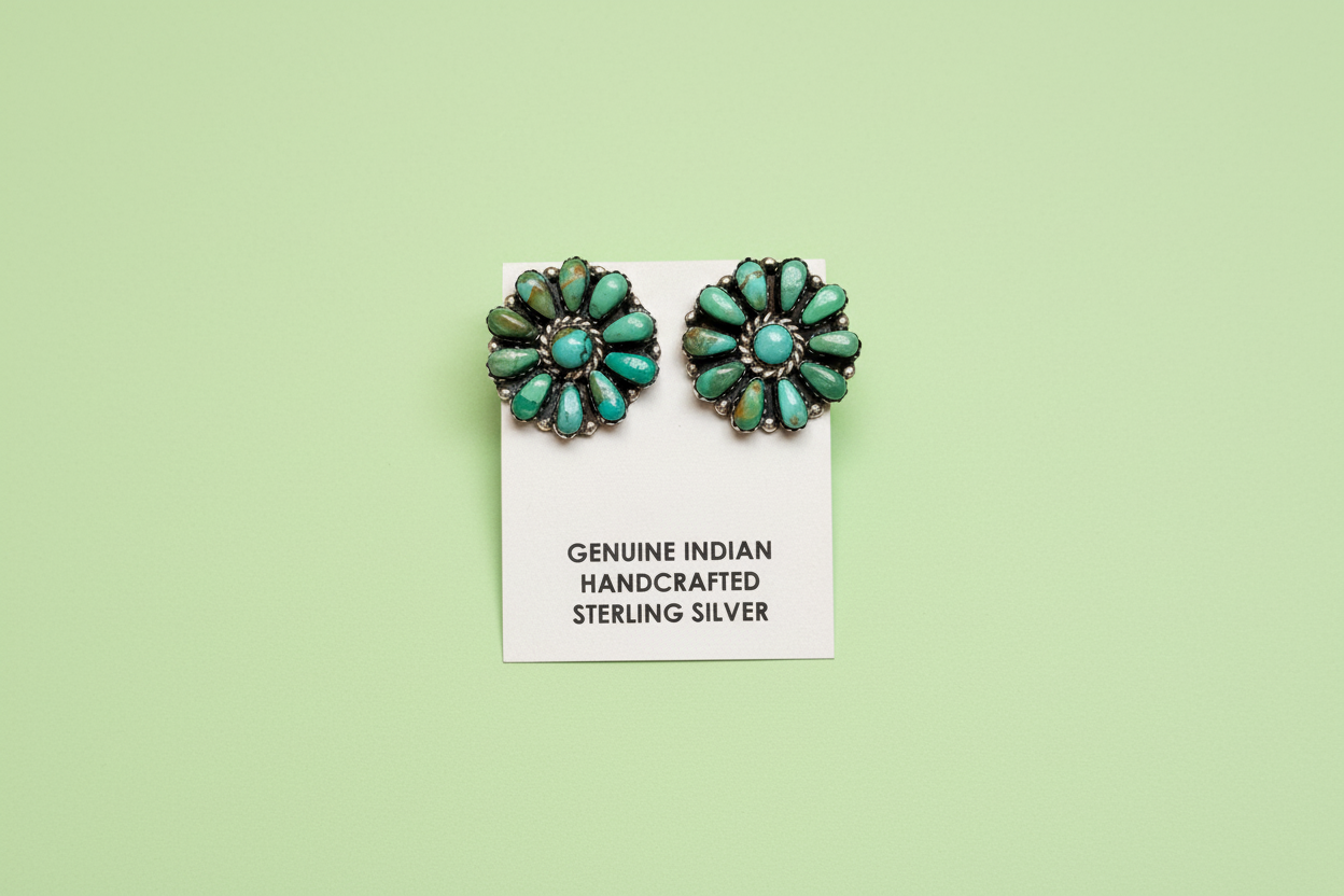 Sterling Silver Green Turquoise & Pearl Stud Earrings – Native Made by J. W.