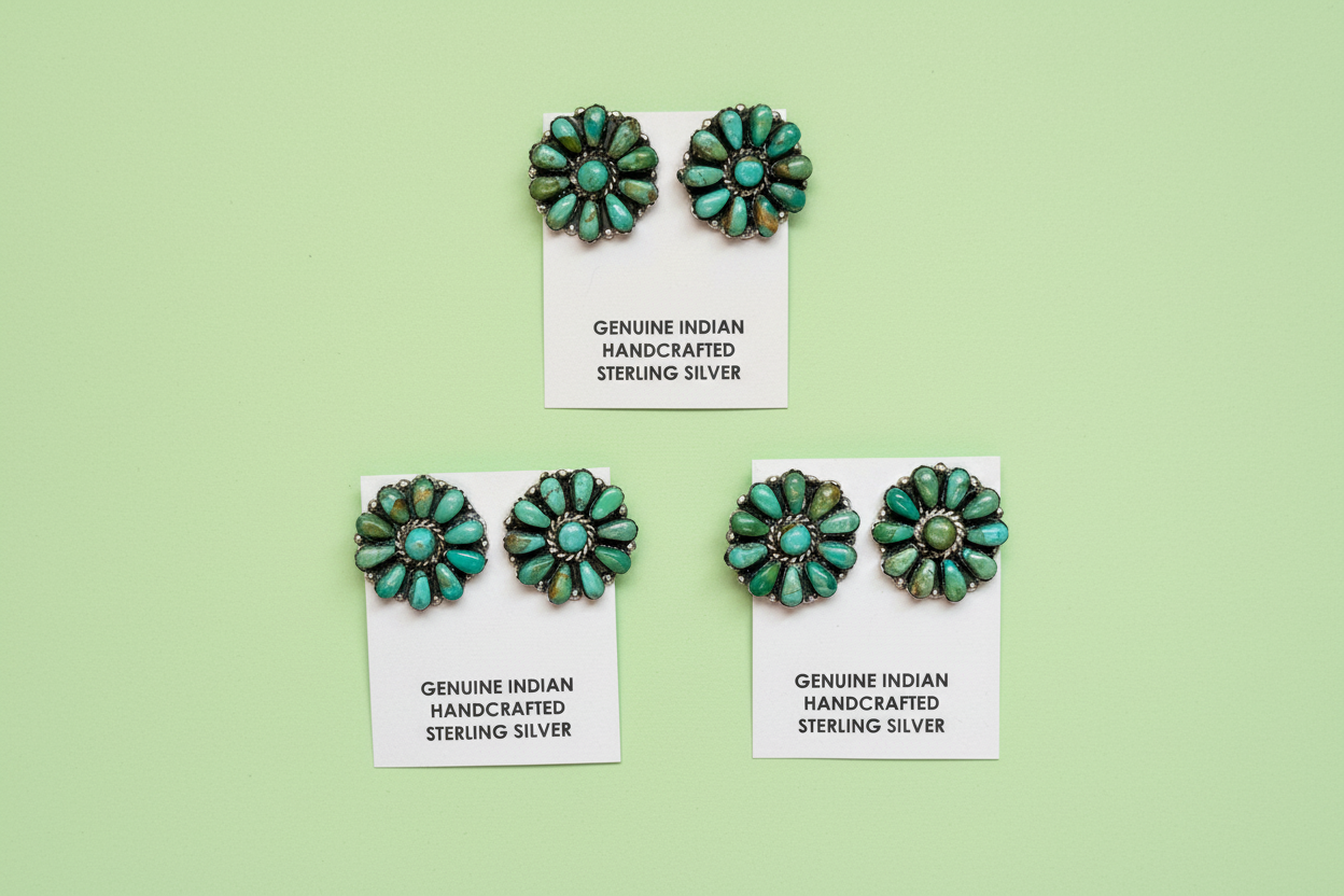 Sterling Silver Green Turquoise & Pearl Stud Earrings – Native Made by J. W.